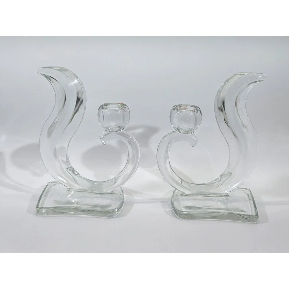 VINTAGE Art Deco Muranese Glass Flame Candlesticks Martinsville Viking 50s Set 2